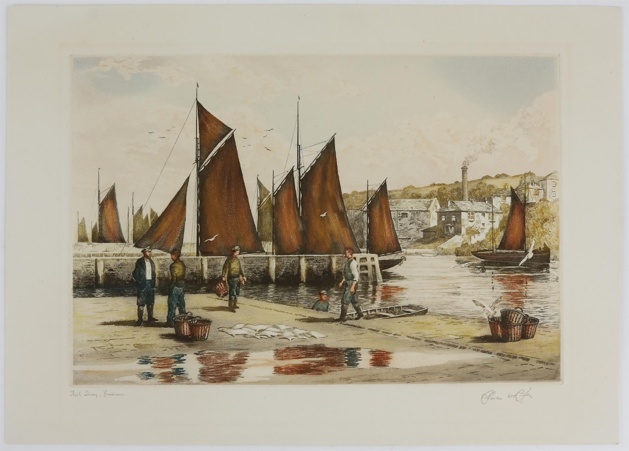 Charles Riley 'Brixham boats' etching printed in colour, signed indistinctly and titled in pencil. - Image 5 of 6
