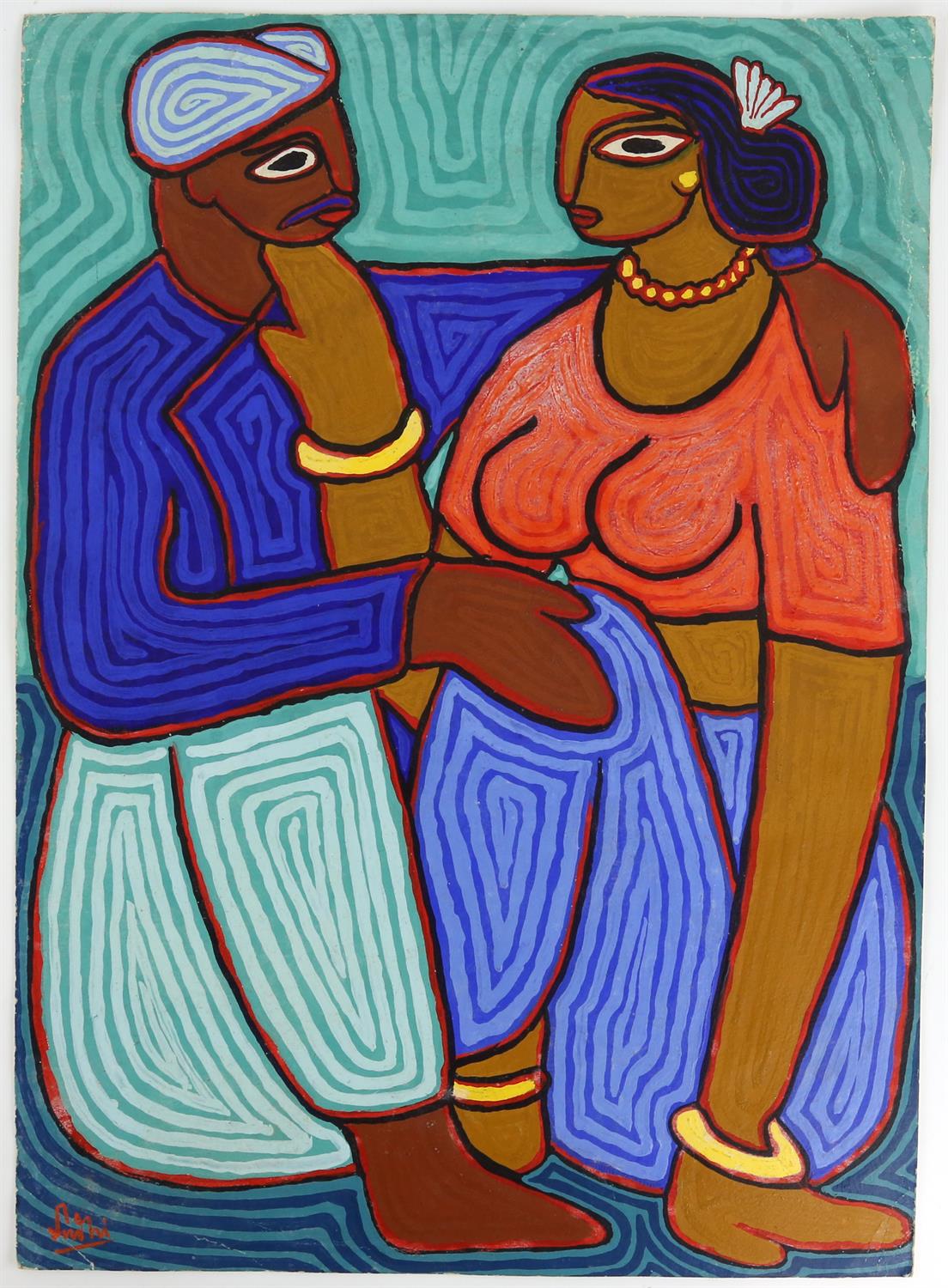 Two Indian pictures acrylic on paper, signed indistinctly. 56 x 40.5cm and 36 x 56cm (2) - Image 2 of 4