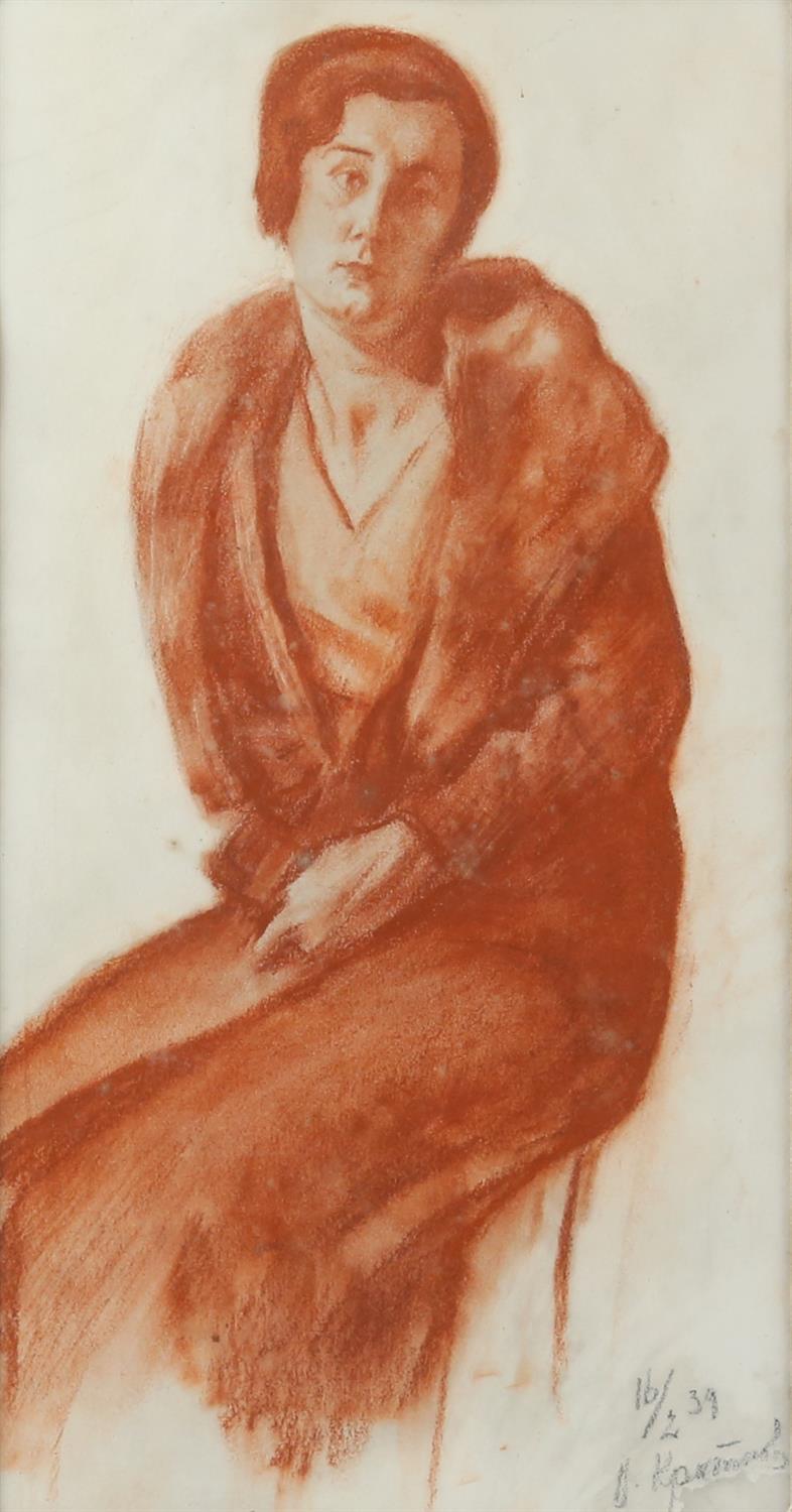 Russian School, portrait of a lady, seated, red chalk, signed indistinctly and dated, 37.5cm x 19.