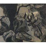 Woodcut print of Magnolias, unsigned, c1950's, 30.5 x 26cm. Framed and glazed.