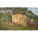 E Edwards, Ruined building in a South African woodland, oil on canvas, signed lower left, 24 x 39cm