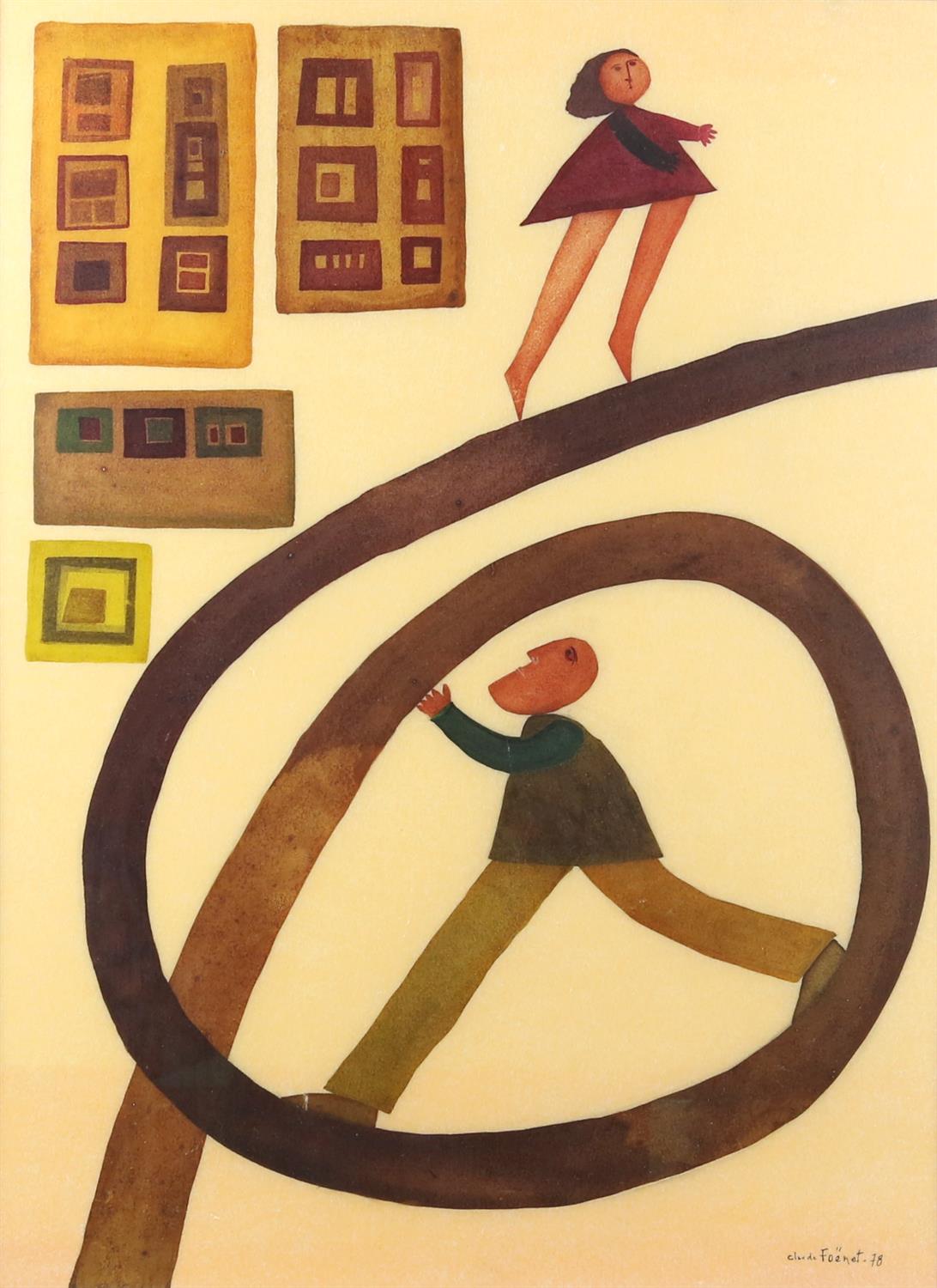 Cluade Foenet, French b. 1935, print of two figures on a spiral, signed in the field and dated '78,