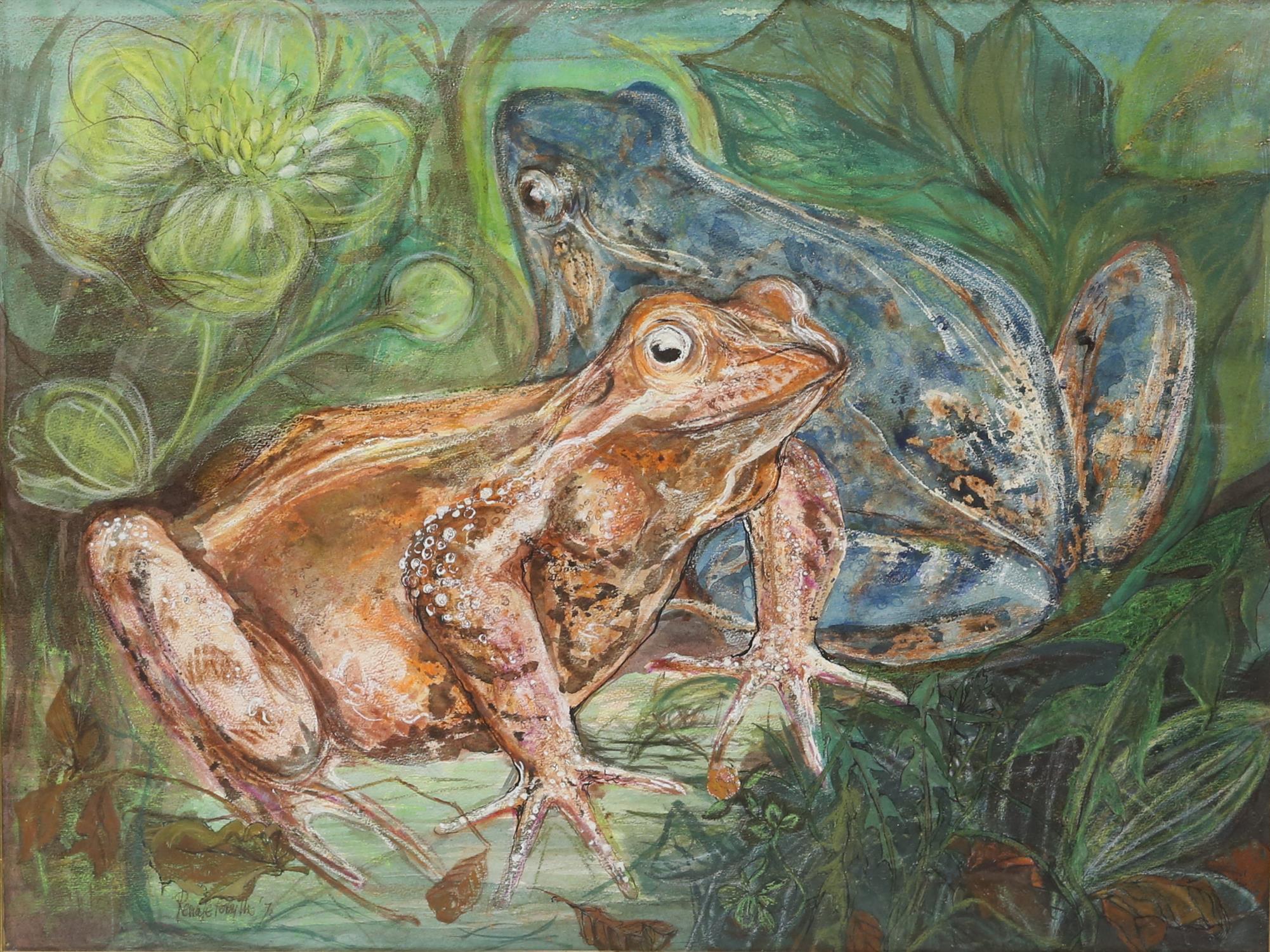 Renate Forsyth, 'Frogs', wax and wash on paper, signed and dated '72 lower left, 57 x 76cm,