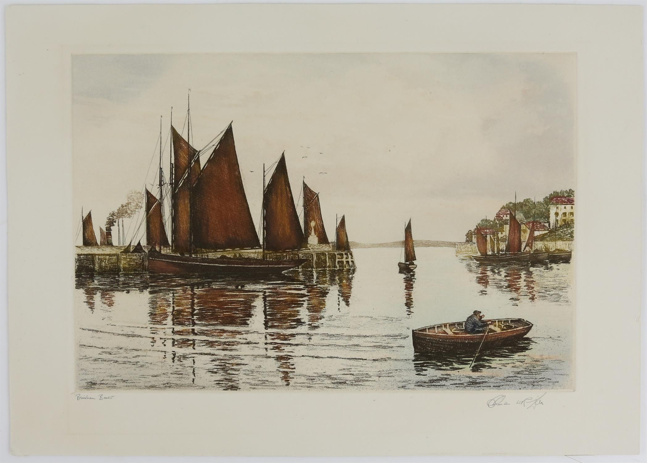 Charles Riley 'Brixham boats' etching printed in colour, signed indistinctly and titled in pencil. - Image 3 of 6