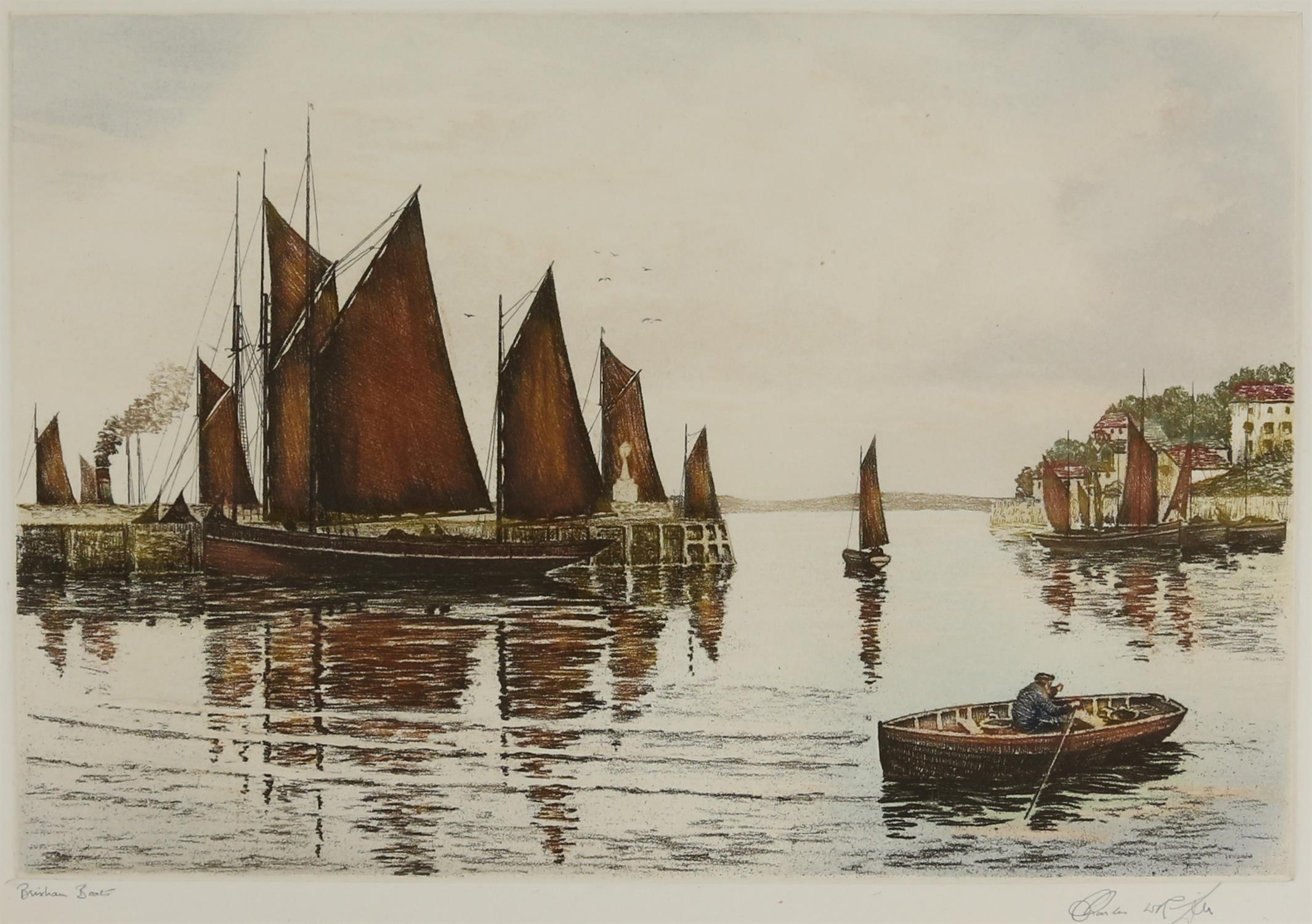 Charles Riley 'Brixham boats' etching printed in colour, signed indistinctly and titled in pencil.