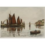 Charles Riley 'Brixham boats' etching printed in colour, signed indistinctly and titled in pencil.