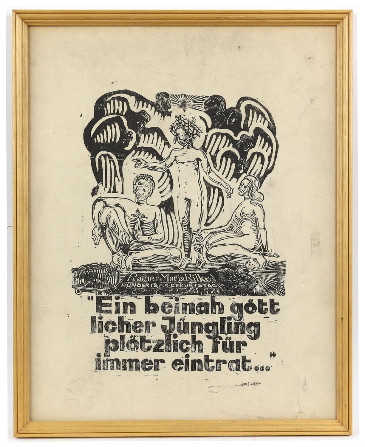 German Modernist. Woodcut illustration, marking the 100th anniversary of the poet Rainer Maria