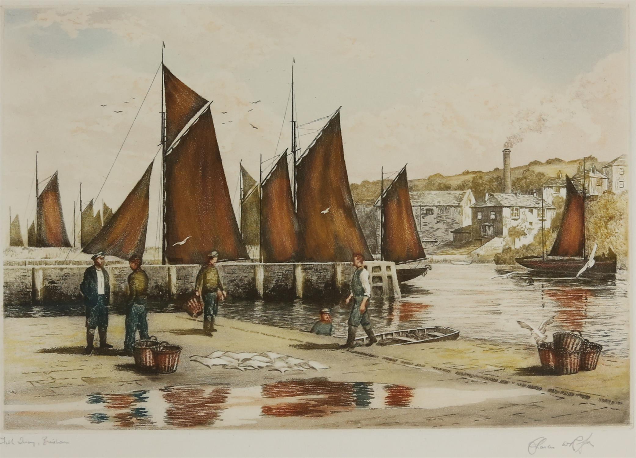Charles Riley 'Brixham boats' etching printed in colour, signed indistinctly and titled in pencil. - Image 2 of 6