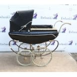 Leeway metal framed dolls pram, blue painted metal body and canvas roof, solid rubber tyres,