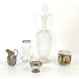Collection of miscellaneous items to include a glass claret jug and stopper with acid etched floral