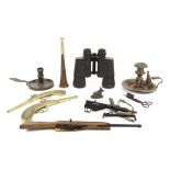 Collection of miniature fire arms with display board, 10 x 50 binoculars, hunting horn,