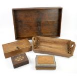 Oak tray with raised sides, Far Eastern carved hardwood tray, H. Upman Habana cigar box,