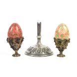Two Victorian filigree egg cups, h5.5cm, together with two floral painted wooden and papier-mâché