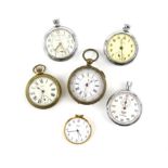 Six pocket watches, including a Heuer, track mate stop pocket watch, with lever wound movement,