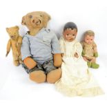 Collection of vintage teddy bears and dolls, to include large vintage teddy bear, 73cm high,
