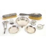 Pierced silver bon-bon dish, Birmingham 1919, pair of ash-trays 1974, scent bottle, London 1917,