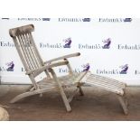 Pair of teak folding garden steamer chairs, with adjustable backs, h98cm w148cm d60cm (2)