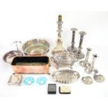 Collection of silver plated wares to include two pairs of candlesticks, lamp, circular bowl on