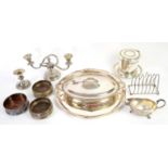 Quantity of silver plate and metalware including trays, spoons, toast racks and other items