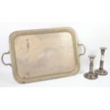 Large silver plated two handled tray with gadrooned border 68cm wide overall and pair of plated