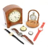Zenith mantel clock in amboyna case, B.R.(S) 5598 pocket watch, A.W. Co pocket watch,
