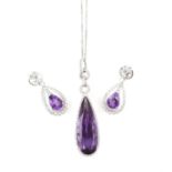 Amethyst and diamond drop pendant, set with a central pearl cut amethyst, estimated weight 15.