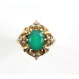 Dyed green quartz ring, set with twelve seed pearls, in hallmarked 9 ct gold, size O 1/2