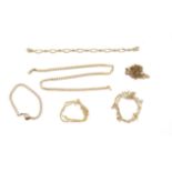 A mixed group of gold items, including a fancy link bracelet, 21 cm in length, a flat curb link