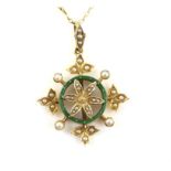 Edwardian floral pendant, with green enamel detailing, set with seed pearls, mounted in 15 ct, 3.