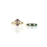 Two gem set rings, including a synthetic opal and amethyst ring, in 9 ct gold, hallmarked