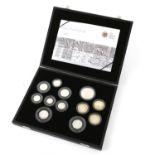 The UK Royal Mint 2009 silver proof 12 coin set with the Kew Gardens 50 pence coin.