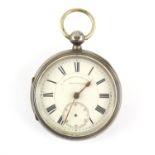 Silver open faced front loader pocket watch, white enamel dial with Roman numerals and subsidiary