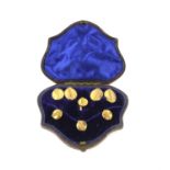 Victorian gold cufflinks, oval panels with wirework detail, in fitted box with four matching dress