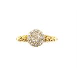 Victorian diamond pave cluster ring, set with old cut diamonds, ornate shoulder detailing,