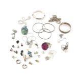 Selection of silver jewellery, including a belcher necklace, a moonstone bracelet, six bangles,