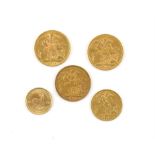 Five coins, 1894 full sovereign minted in Sydney, 1914 full sovereign, 1912 full sovereign,