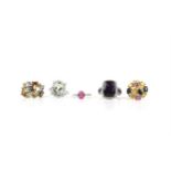 Five gem set rings, including an oval cut pink sapphire and two round cut zircons, size N 1/2,