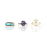 Three rings including, a turquoise diamond ring with rose cut diamond, size M, a pearl ring,