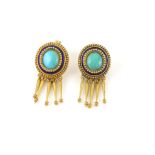 Victorian Etruscan style turquoise and blue enamel tassel earrings, oval cabochon turquoise with