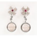 Pair of Gilan drop earrings, designed as a floral motif with a central synthetic pink spinel,