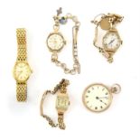 Selection of ladies watches, including a 9 ct gold cased, open faced pocket watch, J.