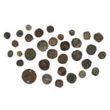 Group of ancient mainly bronze Byzantine coins, including, three Justin and Sofia, follies 565-578,