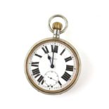 8 day Goliath pocket watch, white enamel dial with Roman numerals, minute track and subsidiary dial,