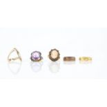 Five gold gem set rings, including gold rope band in 22 ct yellow gold, size K 1/2 ,
