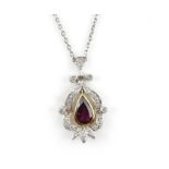 Ruby and diamond pendant, pear cut ruby, weighing an estimated 0.93 carat, suspended at the centre