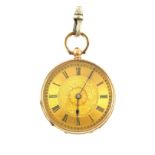 19th C gold pocket watch, gilt dial with Roman numerals and minute track, mechanical key wind