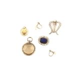 A mixed group of items, including Maltese cross pendant in stamped 18 ct gold, with a pearl