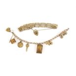 Vintage gold charm bracelet, curb links with a heart padlock clasp, 18.5cm in length,