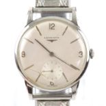 Longines a Gentleman's, stainless steel wristwatch, the white silvered dial with baton hour markers