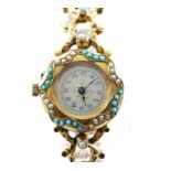 Ladies gold cased watch set with turquoise and pearls, enamel dial with blue Arabic numeral hour